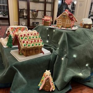 image shows display of colorful gingerbread houses
